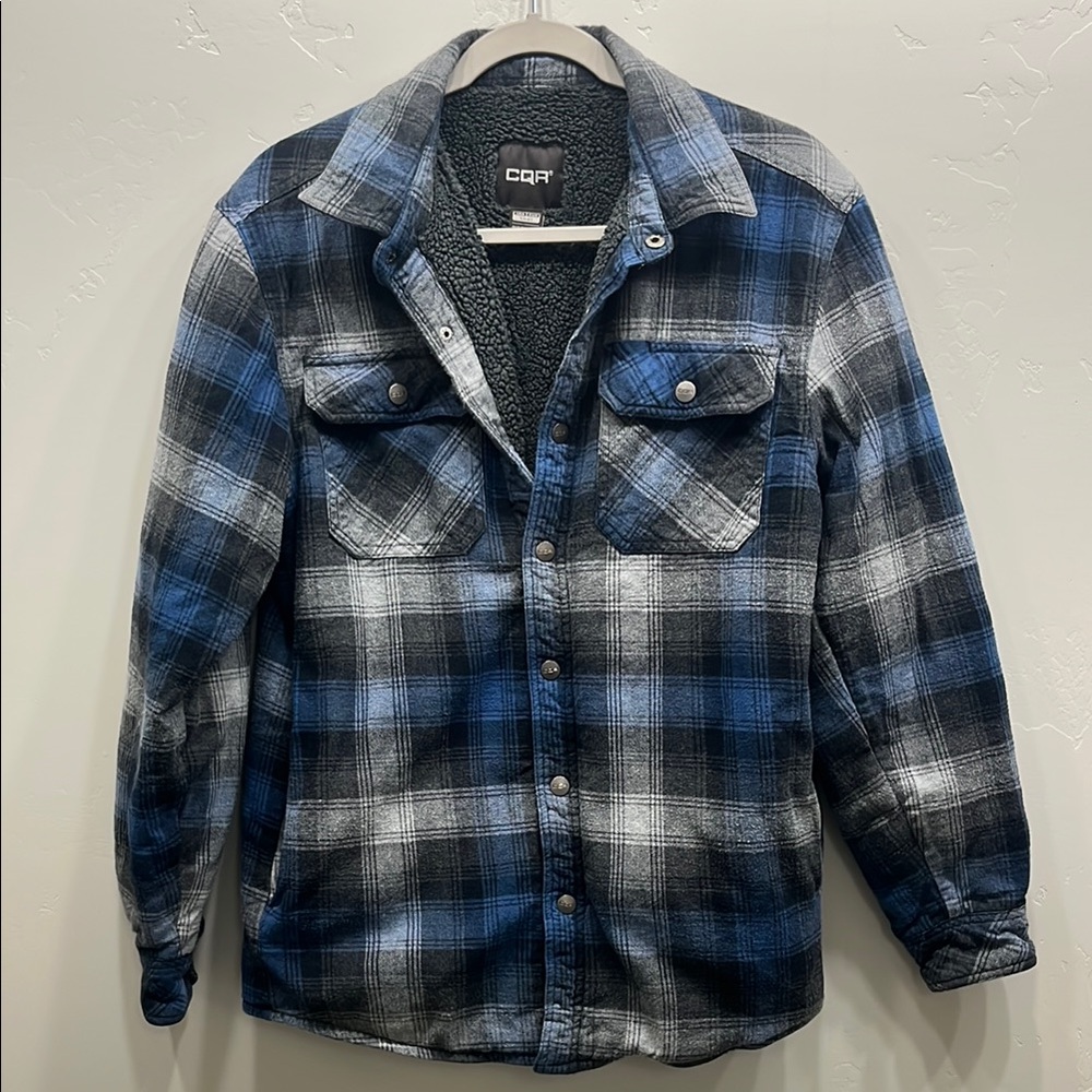 Blue and Black Fleece-lined Shirt Jacket with Rugged Style
